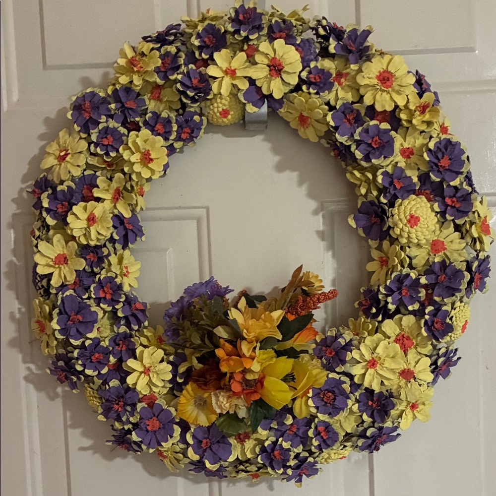 Vibrant Yellow and Purple Floral Wreathpinecone